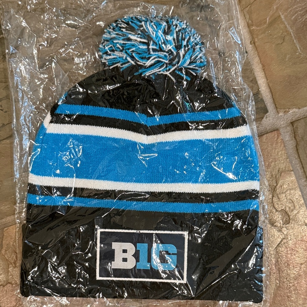 Kids Striped Beanie with Pom Pom - Black and Blue